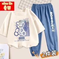 女童套装夏季薄款宽松短袖防蚊裤两件套儿童夏装洋气童装女_600 150 L半熊米白+B叮当牛仔蓝裤