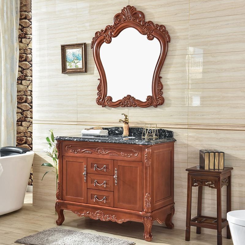 恒妙实木落地浴室柜组合橡木洗脸盆洗手池卫生间仿古卫浴柜大理石面盆