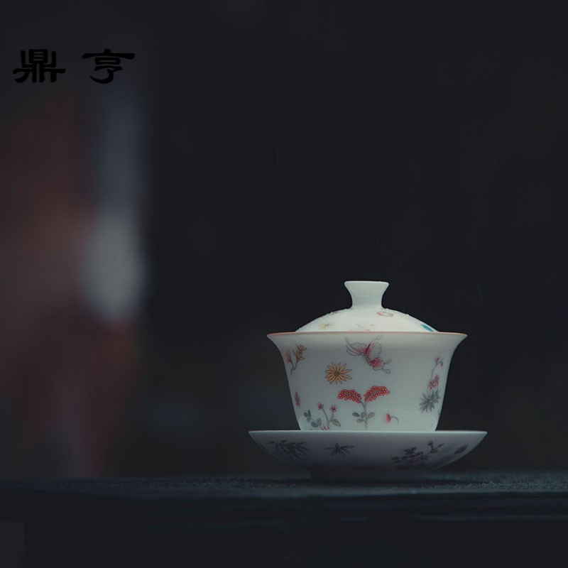 鼎亨粉彩盖碗茶杯 景德镇纯手工白瓷功夫茶具中式三才杯大号茶碗
