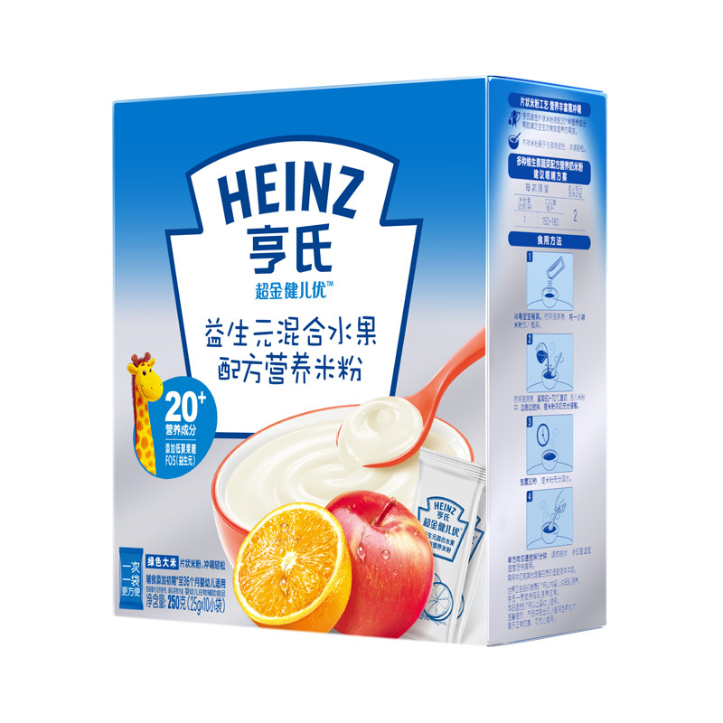 亨氏(Heinz)超金健儿优益生元混合水果配方营养米粉250g 适用辅食添加初期以上 宝宝辅食婴儿米粉米糊2段高清大图