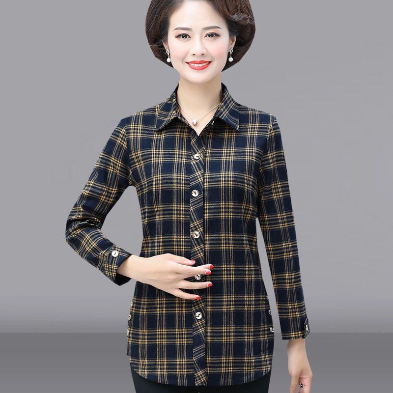 艳如飞春秋新款棉质衬衫女士长袖加厚格子寸衫中老年女装打底衫外套衬衣衬衫
