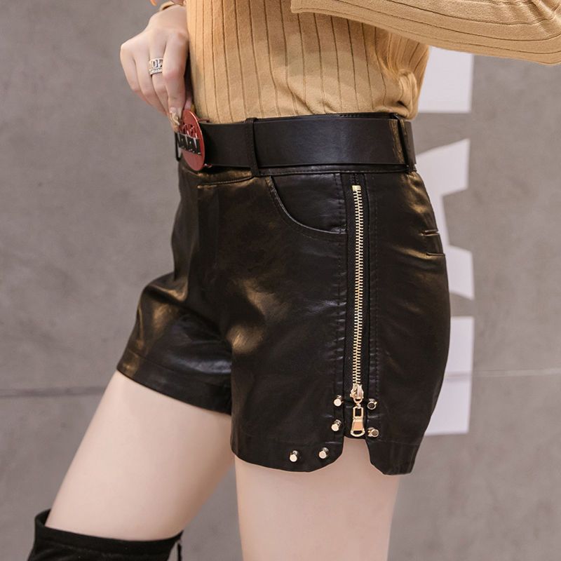 新款水洗pu皮短裤女秋冬韩版修身显瘦黑色中腰直筒靴裤