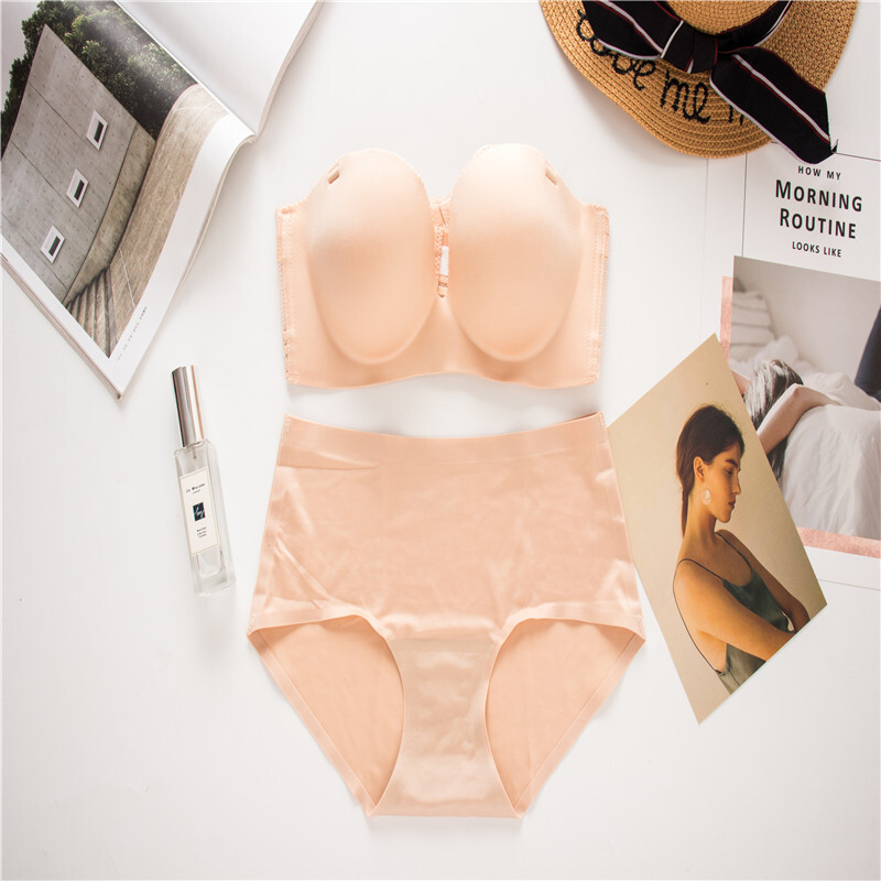 无肩带文胸拢小胸性感中厚透气蕾丝无钢圈美背百搭上托抹胸套装