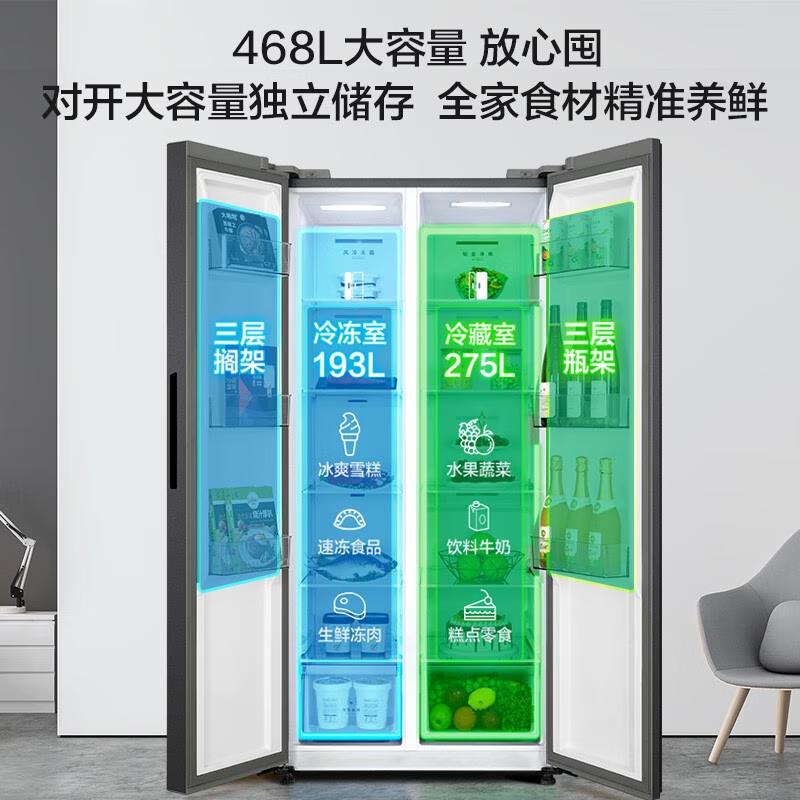 美的(Midea)468升对开门家用囤货一级双变频纤薄双开门风冷无霜电冰箱智能家电PT净味BCD-468WKPZM(E)