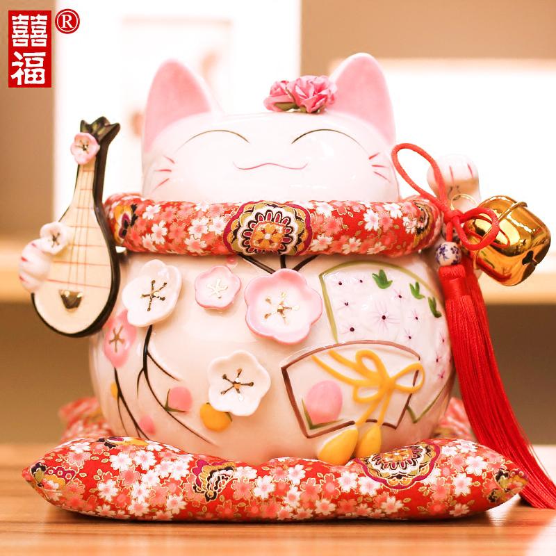 猫摆件店铺收银台家居客厅开业礼品大小号陶瓷储蓄存钱罐 三维工匠 8寸-大花季-大花布垫猫高清大图