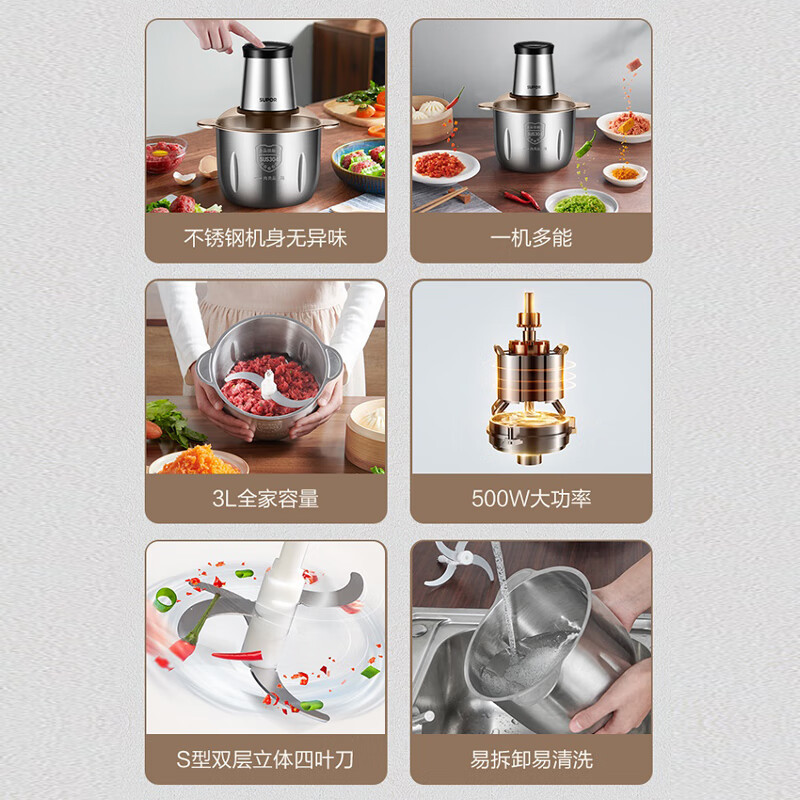 苏泊尔(SUPOR)JRD06不锈钢机身绞肉机 500W大功率S型立体四叶刀片 3L(单位:台)金属灰高清大图