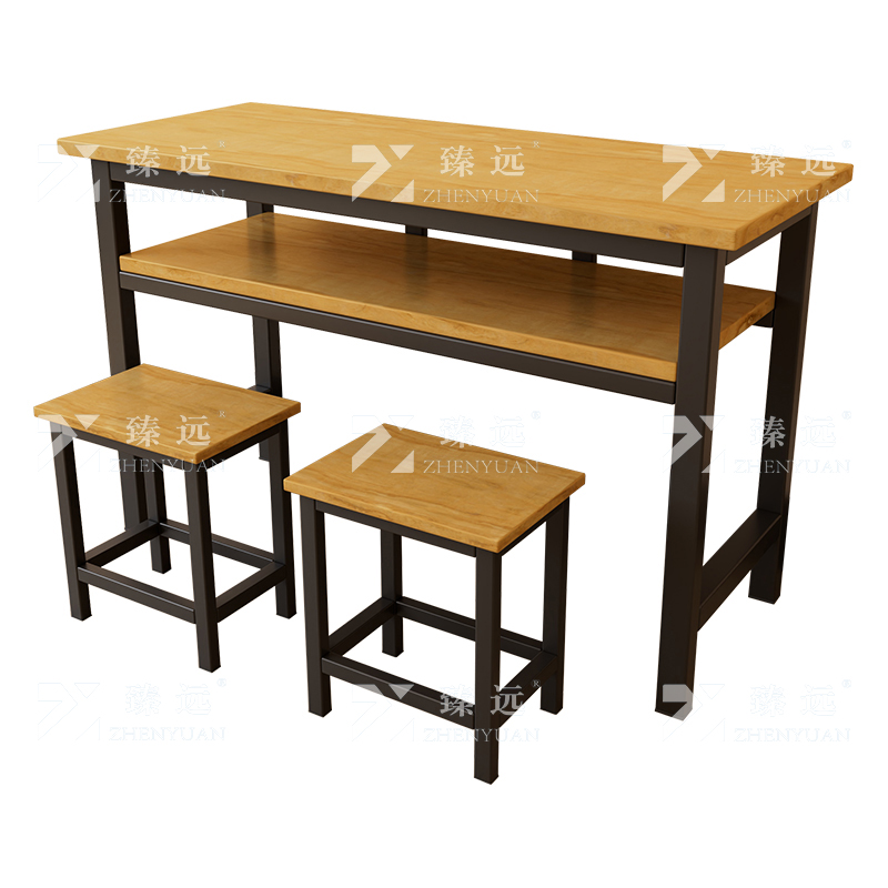 臻远ZY4082140 学生课桌椅双层带抽屉培训班学习桌学校辅导班教室双人桌 胡桃色含凳子+黑架1200*400*800
