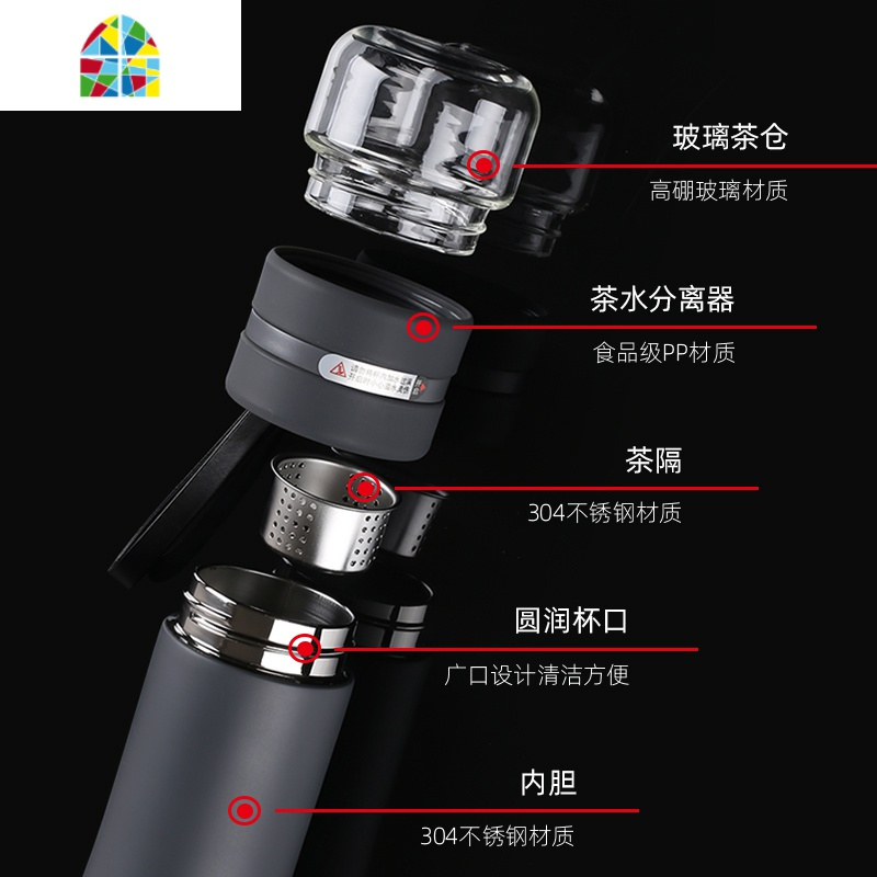 茶水分离保温杯男士泡茶杯子玻璃茶叶喝茶带过滤网便携女水杯防摔 FENGHOU 灰色-300ML(杯套+礼品盒)