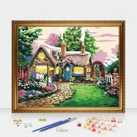 diy数字油画小屋城堡风景古典手绘涂色减压填色客厅房装饰画40*50 5020童话小屋 40x50无框[只有画布+颜料画