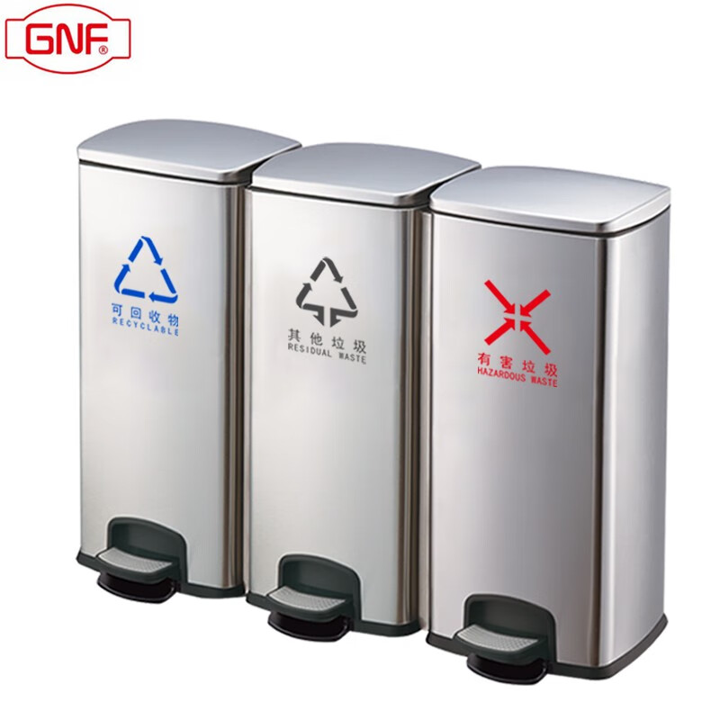 GNF三分类不锈钢脚踏垃圾桶（30L*3）室内带盖大号商用单位商场办公室酒店办公楼走廊脚踩干湿垃圾分类桶方形桶高清大图