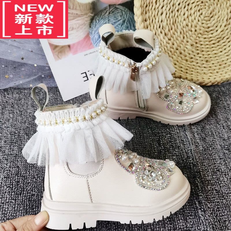 可莉允儿童蕾丝花边复古水钻白色马丁靴2021秋冬天加绒皮鞋女童靴子公主图片