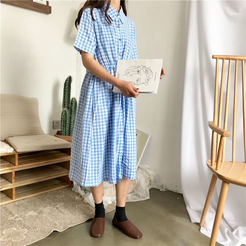 春夏女装韩版复古小清新中长款短袖翻领格子衬衫连衣裙a字裙长裙绿色均码