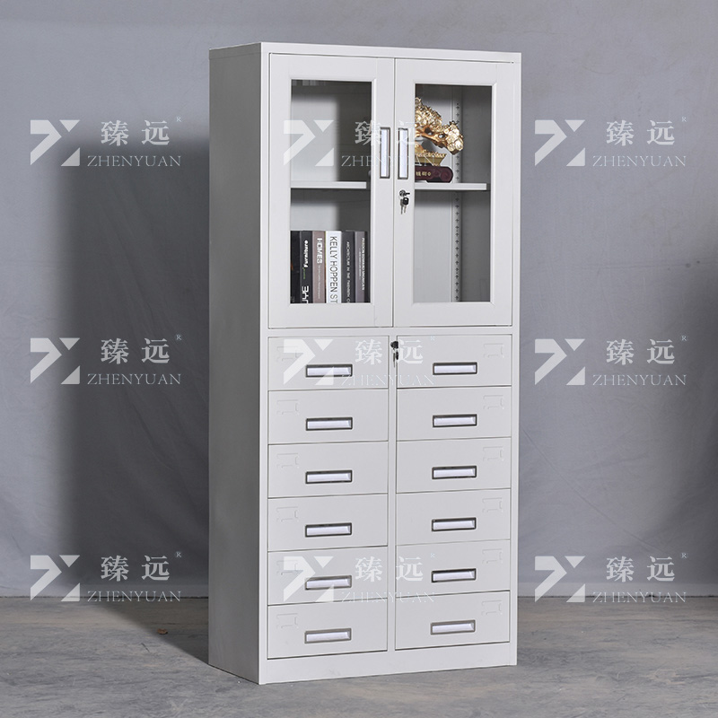 臻远ZY5011010钢制矮柜抽屉柜多抽资料柜储物收纳柜 上玻十二斗器高清大图