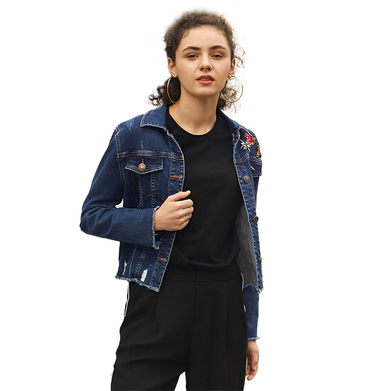 艾莱依2019春新款单排扣破洞牛仔外套女韩版绣花短外套