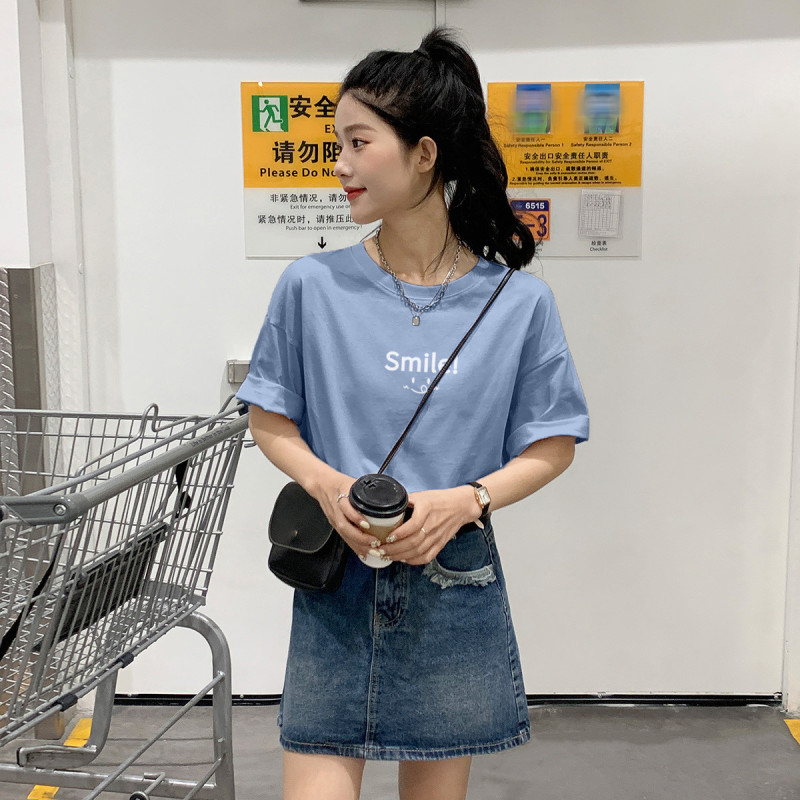 唐狮短袖t恤女夏季韩版宽松韩版宽松圆领前胸字母