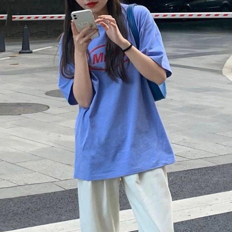 韩版百搭阔腿裤女高腰垂感宽松直筒裤显瘦学生休闲裤子夏季新款潮 蓝色-[主图同款上衣] S
