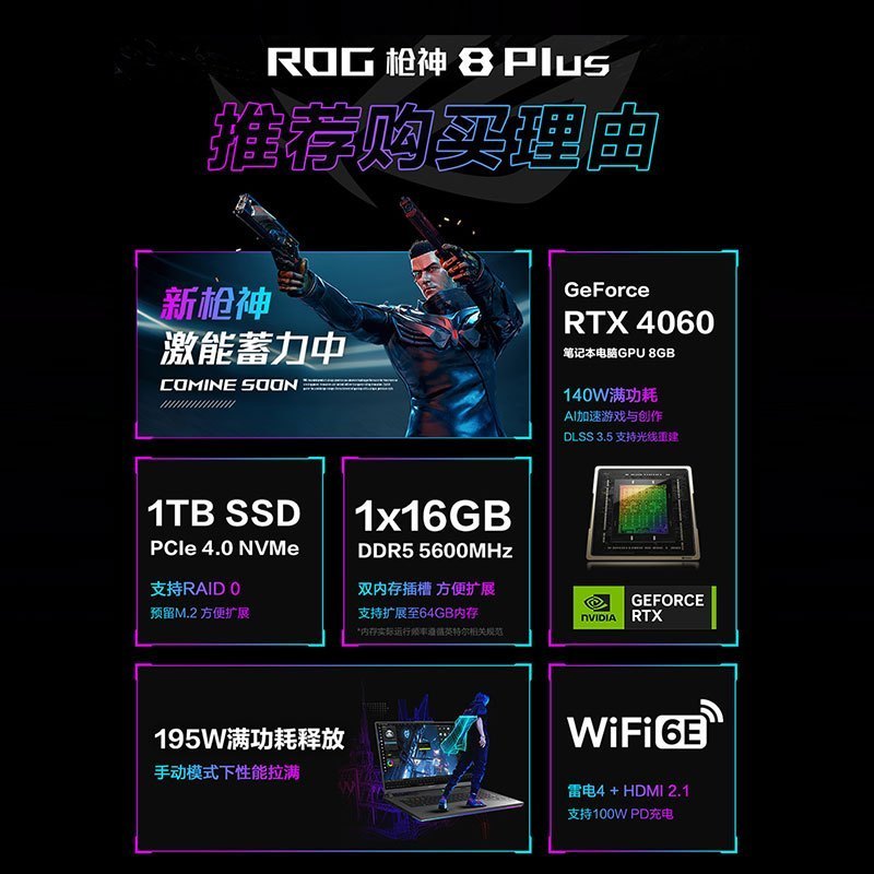 华硕 玩家国度 ROG枪神8 Plus 14代酷睿i9 18英寸 星云屏游戏笔记本电脑 定制(i9-14900HX 液金导热 32G 2T RTX4060 2.5K 240Hz)高清大图