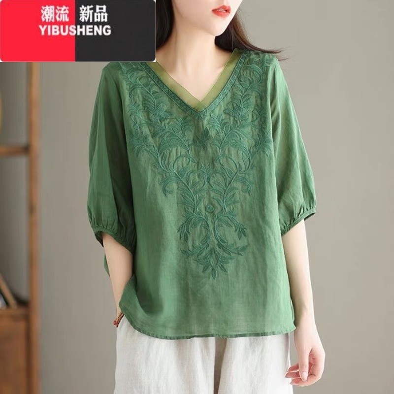 YIBUSHENG2024新款刺绣苎麻衬衫女薄款短袖t恤复古宽松大码棉麻百搭上衣 绿色 2XL建议130-145斤