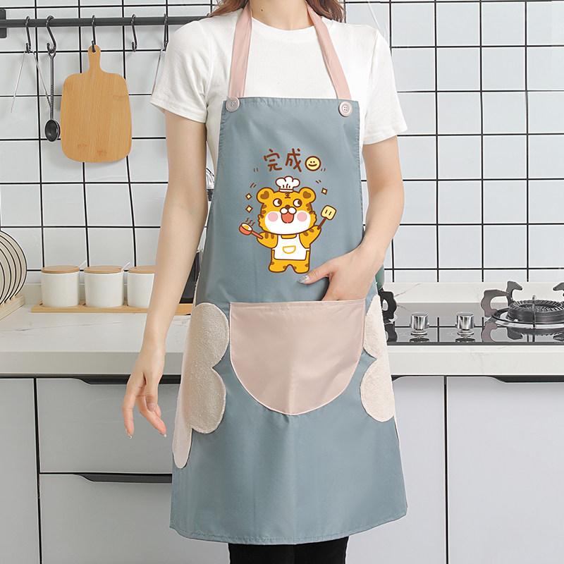 围裙罩衣厨房家用防水防油污餐饮专用男女做饭炒菜工作服卡通围腰 小老虎围裙-蓝色（可擦手）