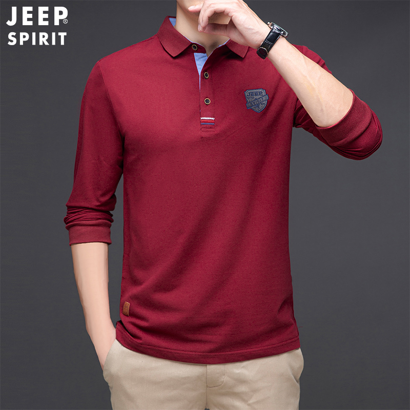 JEEP SPIRIT吉普春秋新款长袖T恤商务休闲上衣舒适纯棉微弹POLO衫男翻领体恤