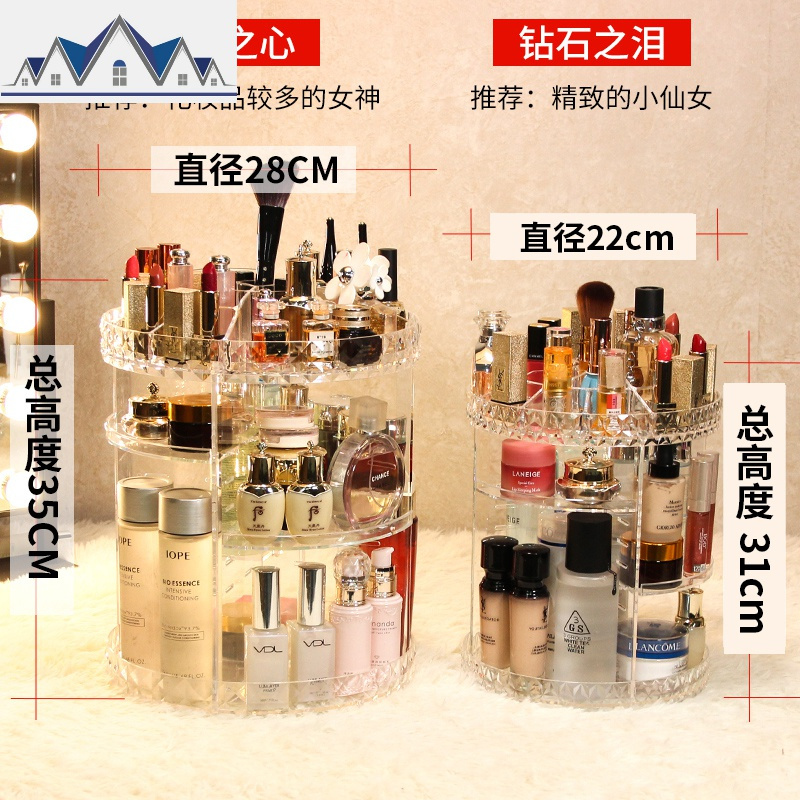 网红旋转化妆品收纳盒家用桌面梳妆台亚克力口红护肤品置物架整理 三维工匠