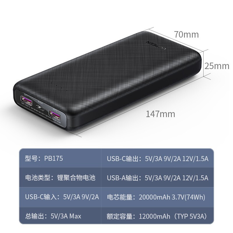 绿联PB175充电宝超级快充22.5W双向快充PD闪充18W便携移动电源20000mAh 黑20542