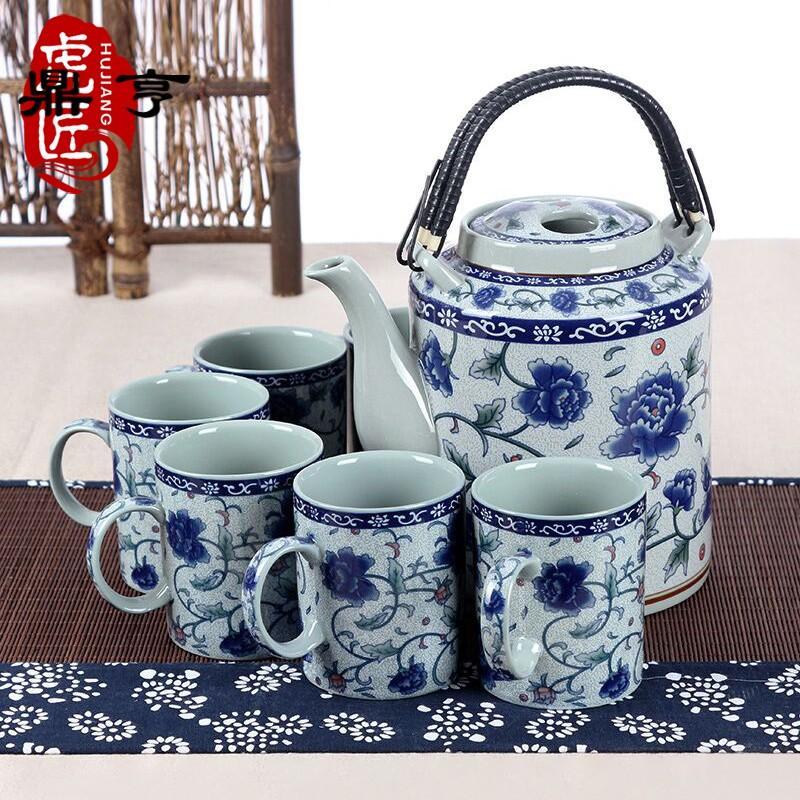 鼎亨景德镇陶瓷茶壶大容量复古青花冷水壶套装家用大号提梁壶茶具