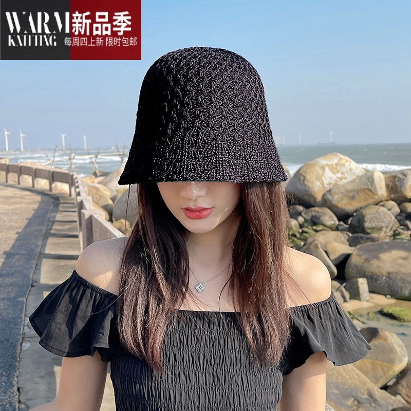shanchao夏季小边渔夫帽女遮阳素颜遮脸盆帽日系短檐透气针织水桶帽子