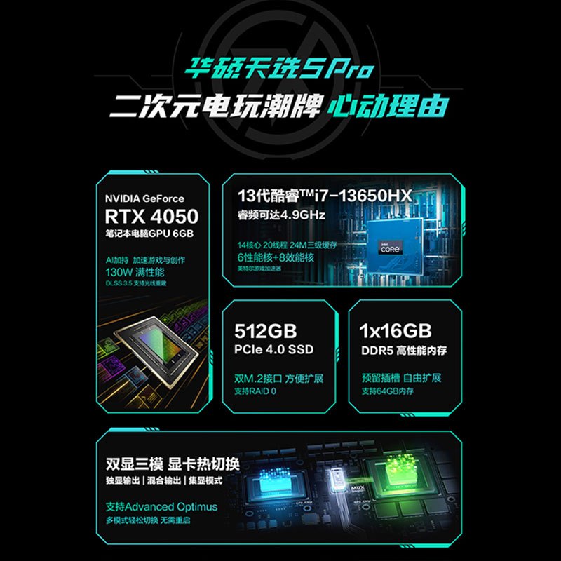 华硕天选5 Pro 14核酷睿i7 16英寸电竞游戏本笔记本电脑(i7-13650HX 16G 512G RTX4050 16:10 2.5K165Hz高色域)灰