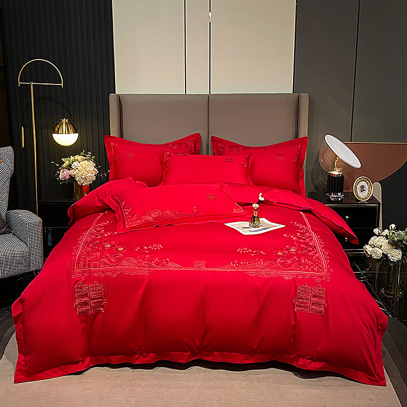 120支长绒棉纯棉婚庆龙凤刺绣大红色四件套全棉结婚床上用品