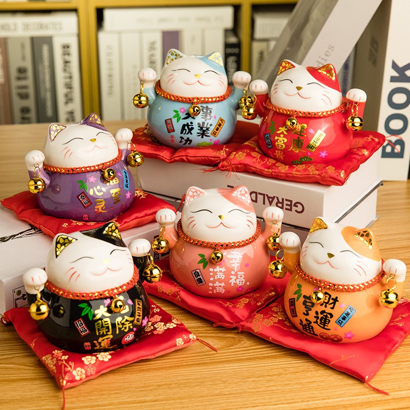 猫小摆件陶瓷创意礼品家居装饰日本存钱罐客厅店铺开业发财猫 三维工匠 6.5寸浮雕红猫金运来福猫高清大图