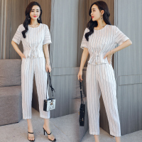 棉麻套装女夏装女士新品韩版休闲时尚条纹显瘦阔腿裤亚麻两件套潮