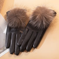 SIYUTANG山羊皮狐狸毛球手套 黑色SYZST