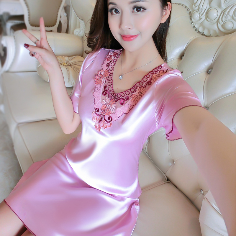 睡裙女夏季短袖冰丝性感睡衣女士夏天中长裙公主蕾丝绸甜美可外穿