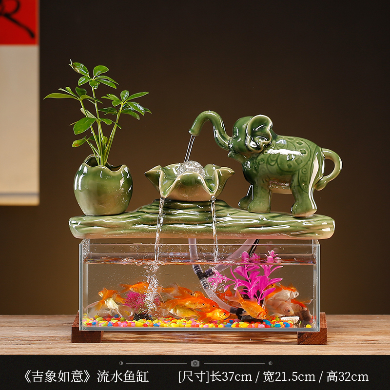 陶瓷流水生财玻璃鱼缸摆件客厅电视柜装饰轮办公开业乔迁礼品