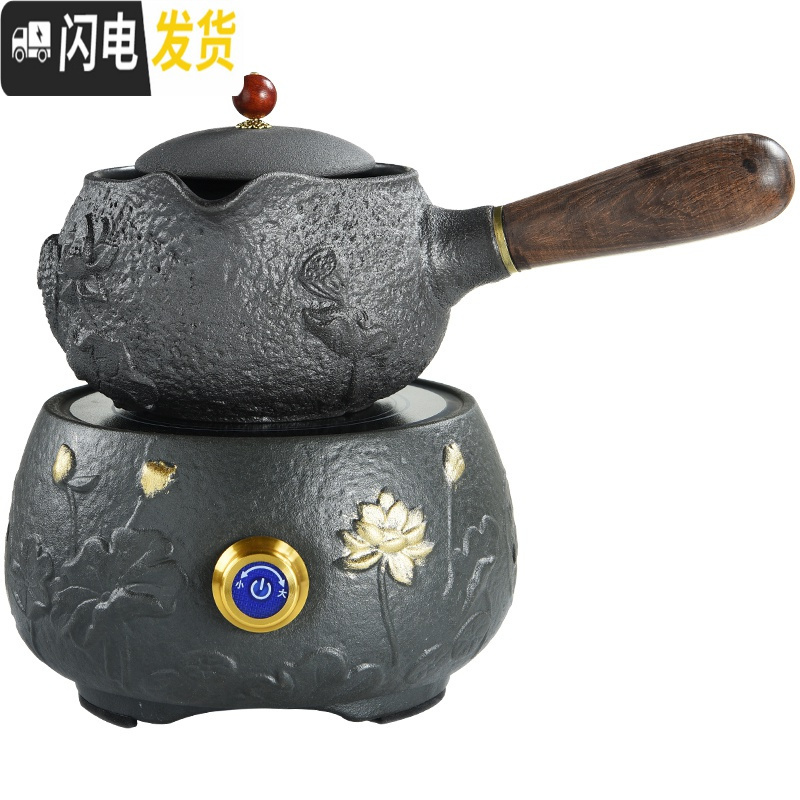 三维工匠铸铁壶电陶炉黑陶泡茶壶煮茶器茶具套装家用简约铁壶烧水茶道 陶瓷荷韵金电陶炉-简款花开富贵铁壶1.2