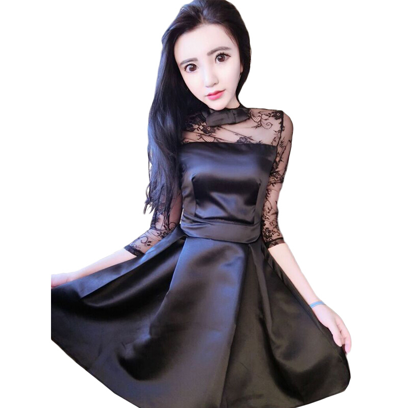 夜店女装时尚性感大露背蕾丝拼接收腰显瘦七分袖百褶蓬蓬连衣裙