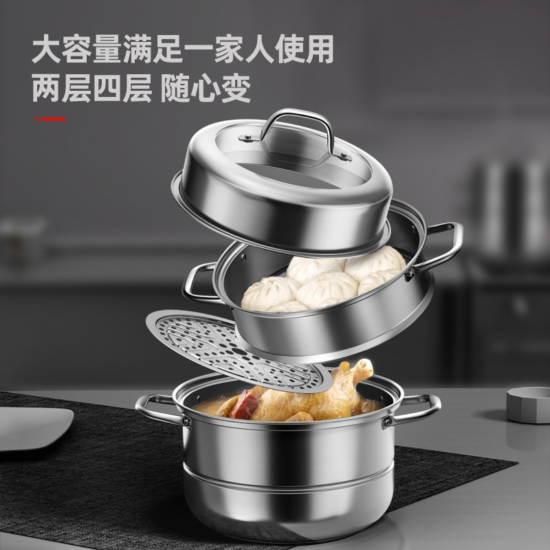 康巴赫三层304不锈钢蒸锅28cm/32cm 三层复底加厚蒸锅具 电磁炉燃气通用高清大图