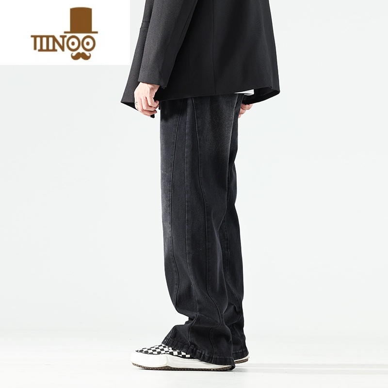YANXU微喇叭黑色牛仔裤男款高街复古风直筒拖地水洗阔腿裤高清大图