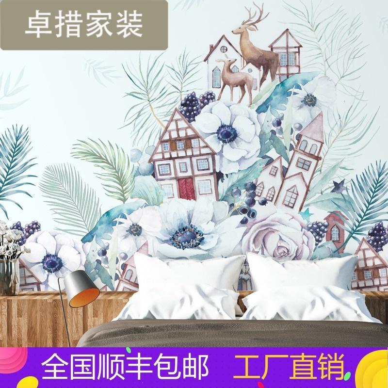 定制北欧现代创意壁纸客厅卧室无缝墙布花卉麋鹿电视背景墙纸壁画壹德壹