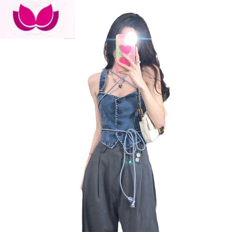 七斓夏季轻熟风女装港味御姐纯欲风辣妹牛仔吊带上衣阔腿裤套装女图片