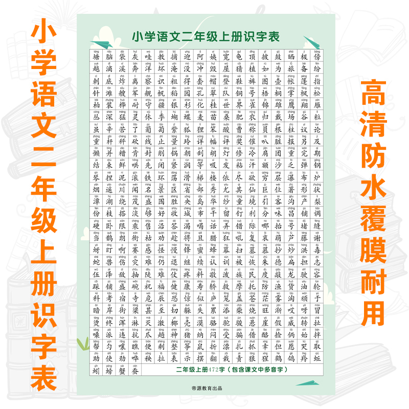 小学生二年级语文上册识字表墙贴挂图同步课文生字词带拼音识字表
