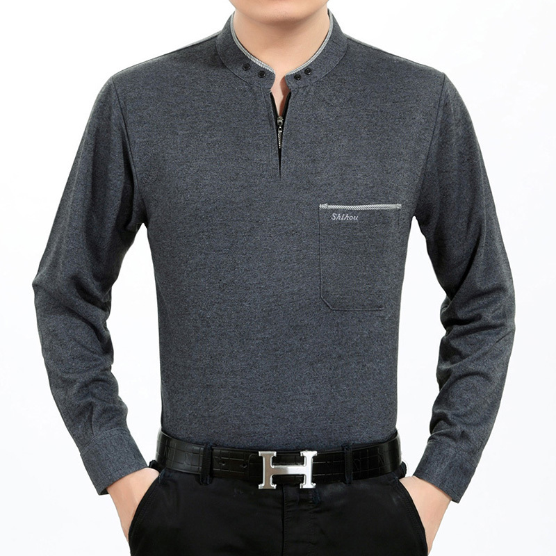 歌爱妮2020长袖t恤男装宽松中老年人爸爸爷爷装弹力有口袋中年男士