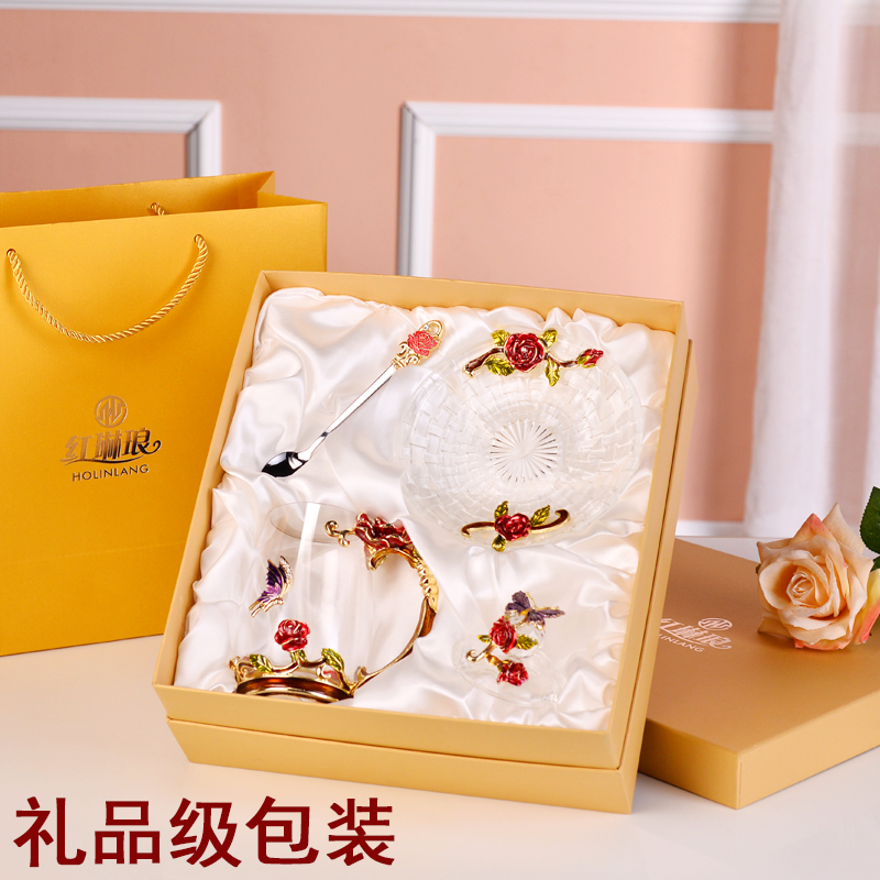 珐琅彩水晶花茶杯随手烘焙精灵水杯玻璃杯子家用欧式咖啡杯带把盖勺礼盒装 [水晶款]红玫瑰矮杯(简装送勺子擦杯布)