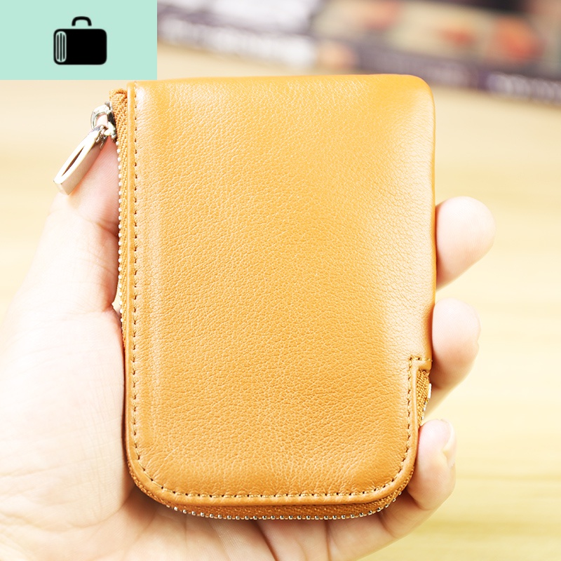 手工日韩迷你男女式皮卡包小巧短款男钱包牛皮零钱包硬币包NEW LAKE 绅士棕金属拉片款