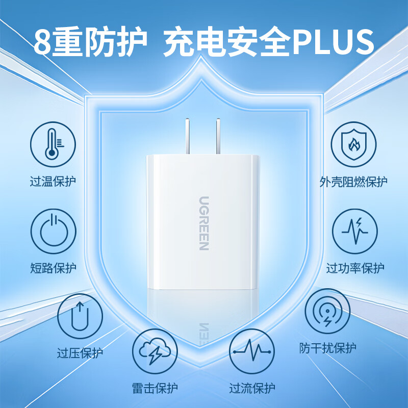 绿联Ugreen快充充电器通用苹果8到17全系iPadAirPods安卓TypeC接口手机平板多设备高效充电设计高清大图