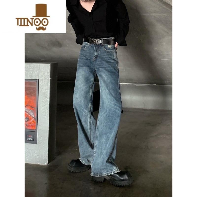 YANXU/时髦做旧复古水洗牛仔裤男直筒宽松高腰小众设计感裤小小高清大图