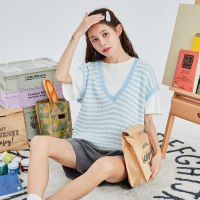 唐狮0春秋新款V领条纹背心叠穿少女感温柔百搭马夹毛衣外搭女 M 浅蓝