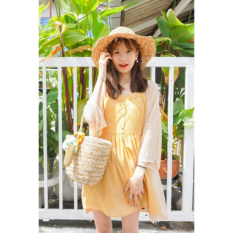 2018夏季裙子女复古无袖小清新黄色带连衣裙黄色