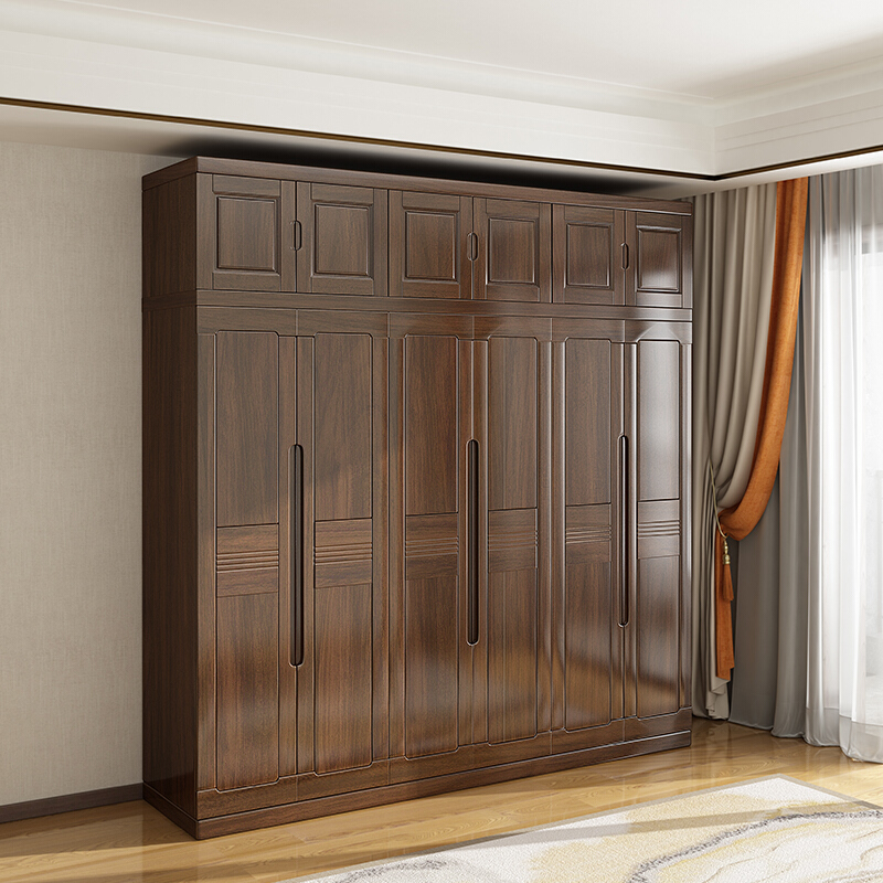 兰秀家居新中式胡桃木衣橱三门四门五门六门实木大衣柜转角顶柜组合